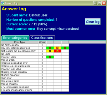 Screenshot of the answer log